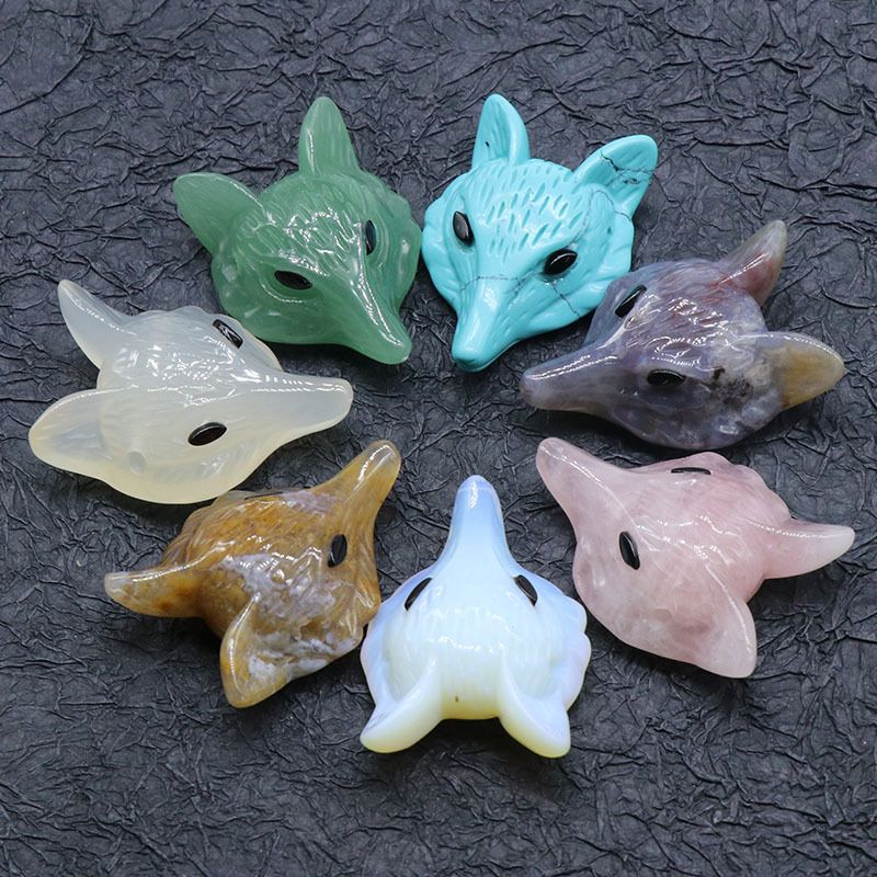 Pingente de raposa de cristal em pó 4CM venda quente, ágata de cristal semi-preciosa pedra gravada cabeça de raposa DIY acessórios de jóias