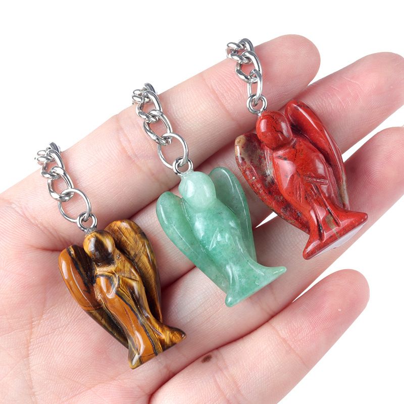 1716-Pingente de chaveiro de anjo pequeno, pingente de chaveiro de anjo esculpido de ágata de cristal