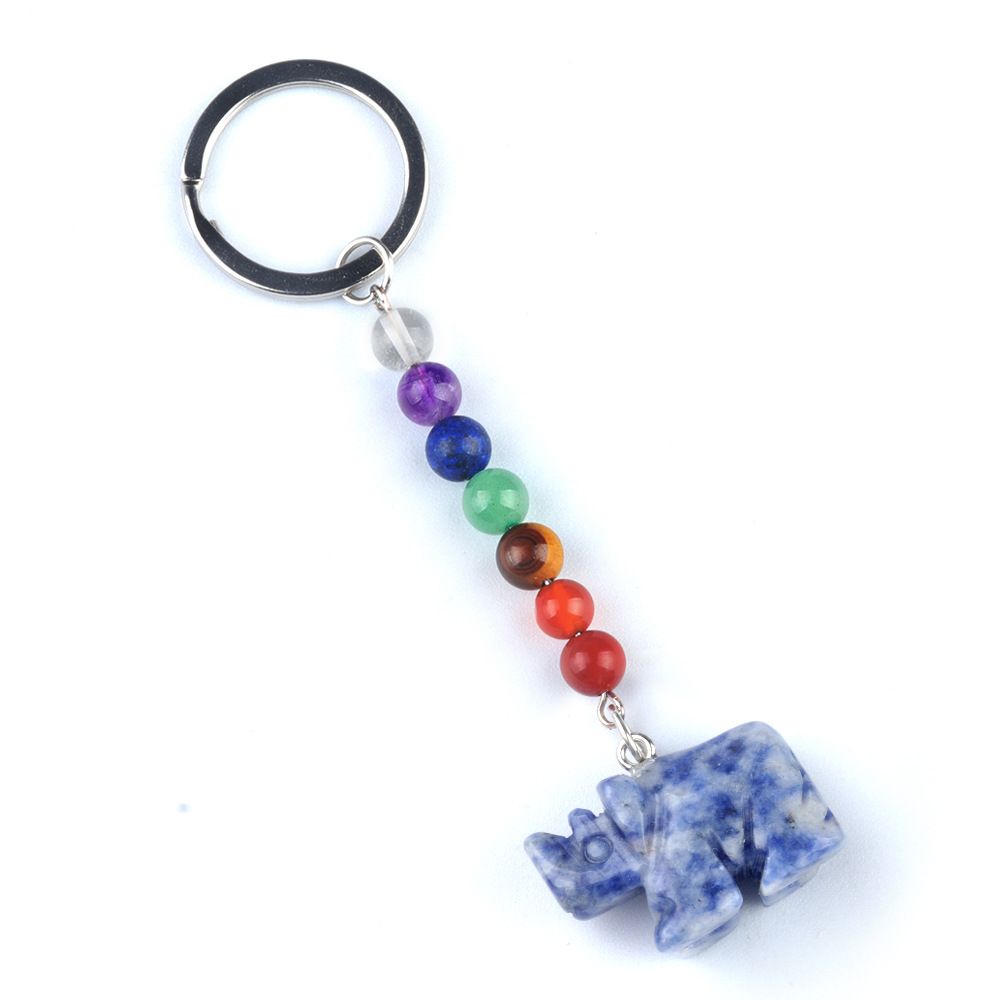 1960-Chaveiro de rinoceronte de pedra de cristal colorido, pingente de jóias de chakra, pingente de chaveiro de animal pequeno
