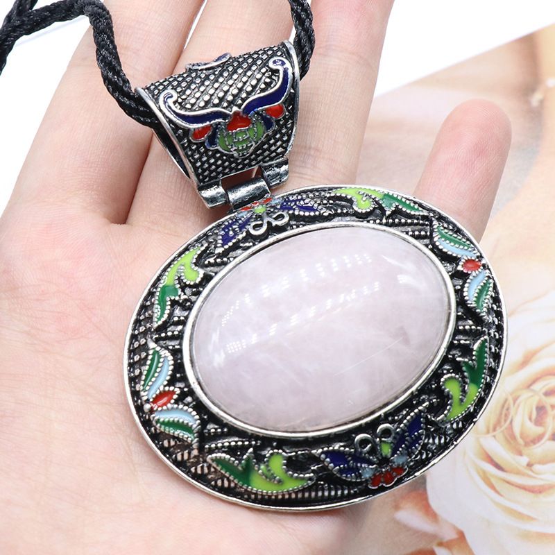 Cristal ágata liga de pedra semipreciosa oval incrustada pingente de pedra preciosa artesanato em óleo, colar exagerado