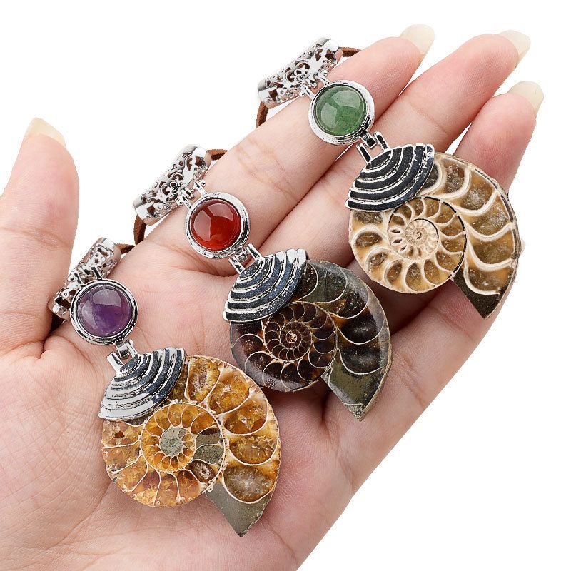 2350 Moda europeia e americana criativa natural caracol fóssil liga incrustada cristal saco de contas pingente manchado colorido caracol colar jóias