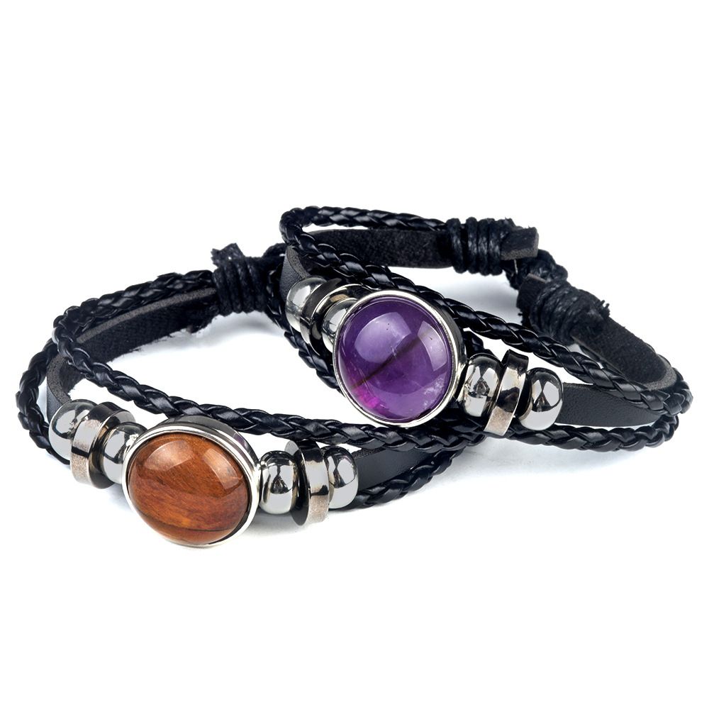 1909-Pulseira de pedra de cristal natural com incrustação de couro tecido de pedra preciosa, pulseira de pedra preciosa do tempo.