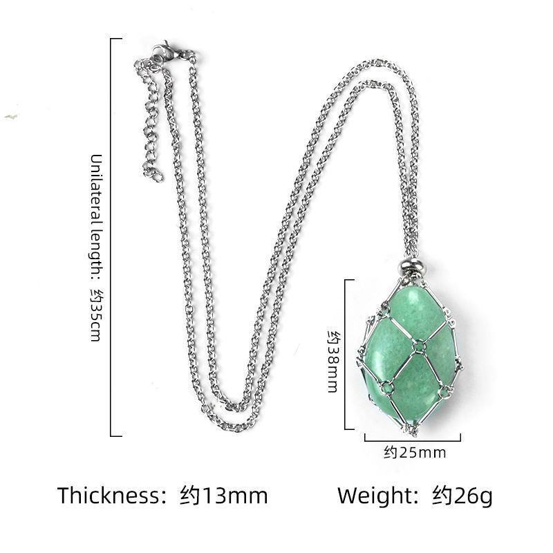1720-Corrente de mão de aço inoxidável tecido malha colar de bolso de pedra de ágata cristal pingente de gota de água pode ser substituído por pedra bruta