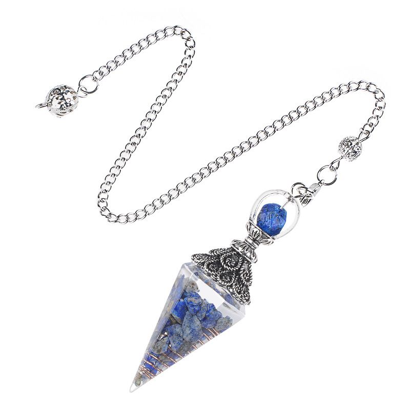 Pêndulo de cristal natural Pêndulo de resina de cone hexagonal de prata antiga envolto em epóxi