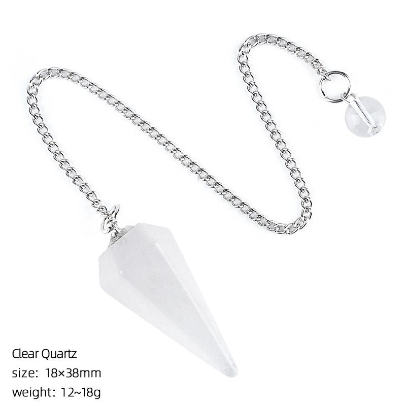 Pingente de pêndulo de cristal natural 38 mm Pedra preciosa de cone hexagonal com corrente Yoga Meditação Pêndulo de frequência ajustável