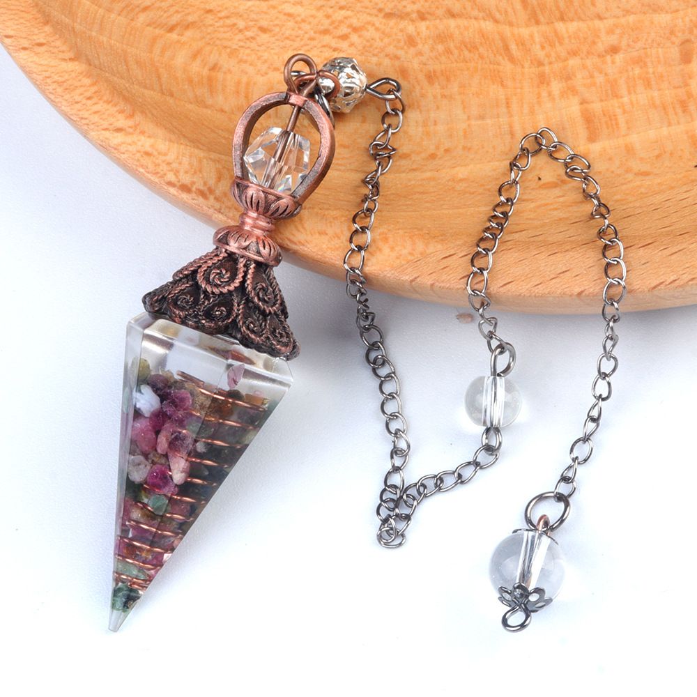 1630-Pêndulo de cascalho de resina, pingente de cone hexagonal de cola de ágata de cristal