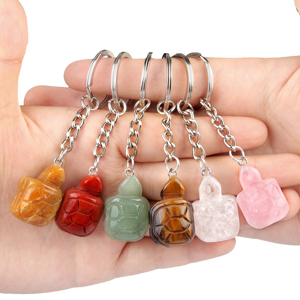 1944-Chaveiro de tartaruga pequena, agate de cristal pingente de chave de animal gravado em pedra semipreciosa