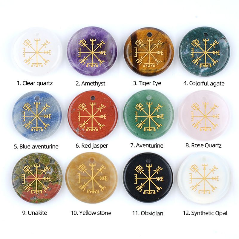 Novo Colar De Cristal Estilo Viking Cristal Ágata Pedra Semi-Preciosa Símbolo Viking Colar Redondo Marca De Direção