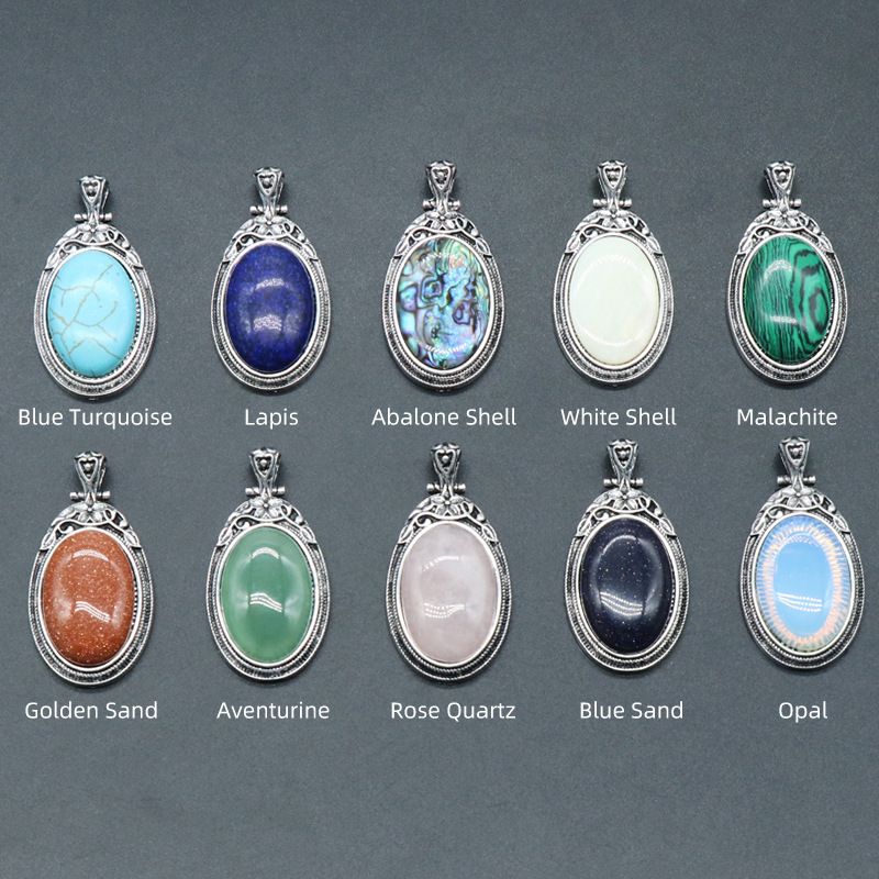 1334-Pingente de pedra natural incrustado em liga de ágata de cristal incrustado colar de pedra oval