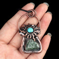 1913-Pingente de pedra áspera de cristal natural turquesa incrustada no sol, colar de bronze retrô de jade de cristal