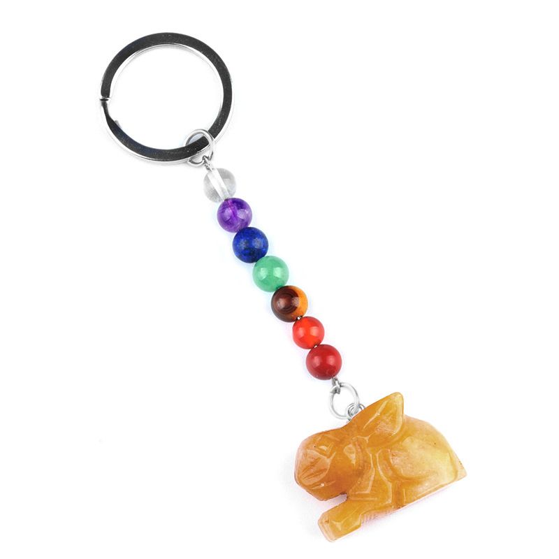 2011-Chaveiro de coelho de pedra de cristal colorido, pingente de jóias de chakra, pingente de chaveiro de animal pequeno.