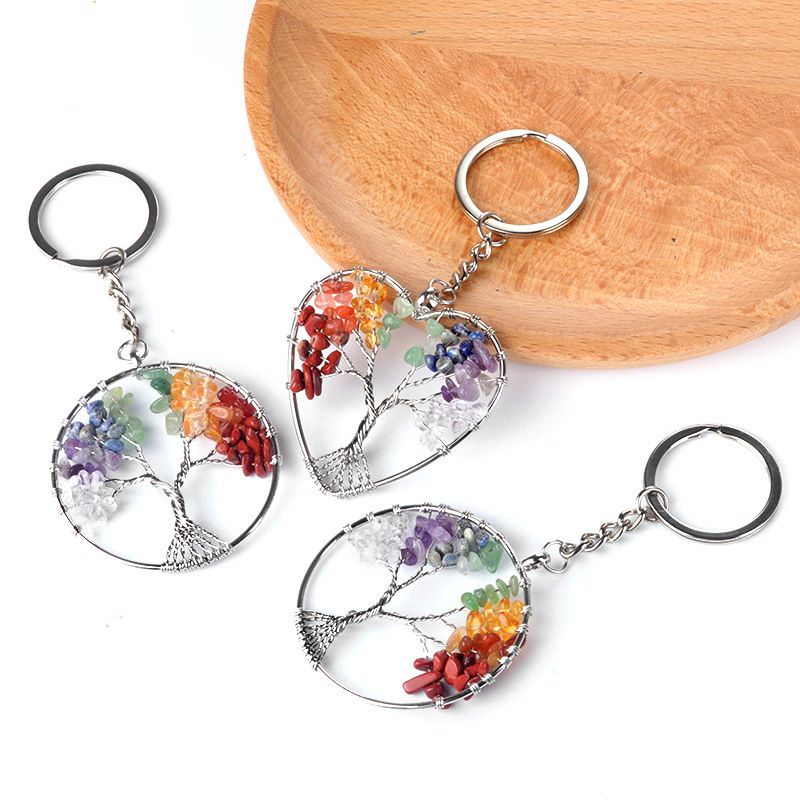1707 - Sete Cores Cristal Pedra Triturada Árvore da Vida Chaveiro Chakra Yoga Joia Pingente Árvore do Dinheiro