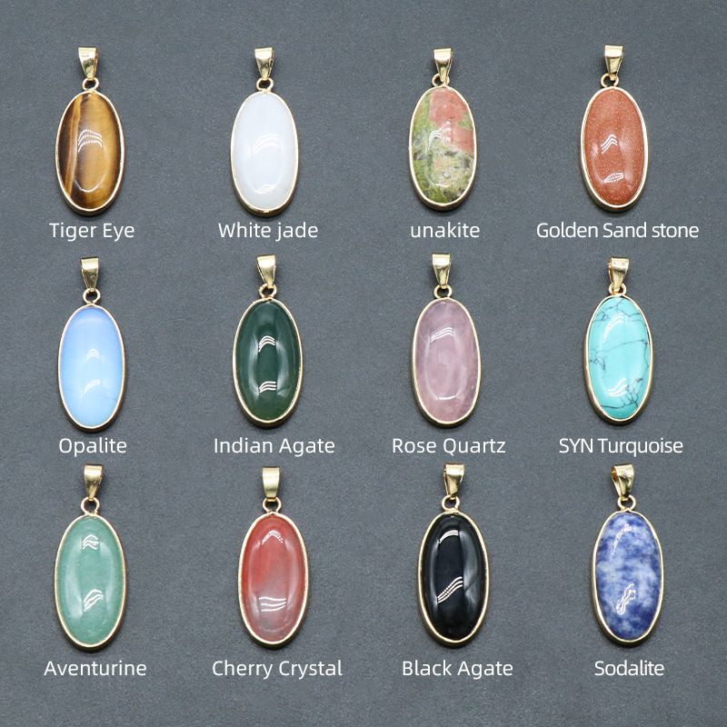 1508-Pingente de bainha oval longo, cristal de ágata natural pedra semipreciosa colar de bainha de ouro em forma de ovo