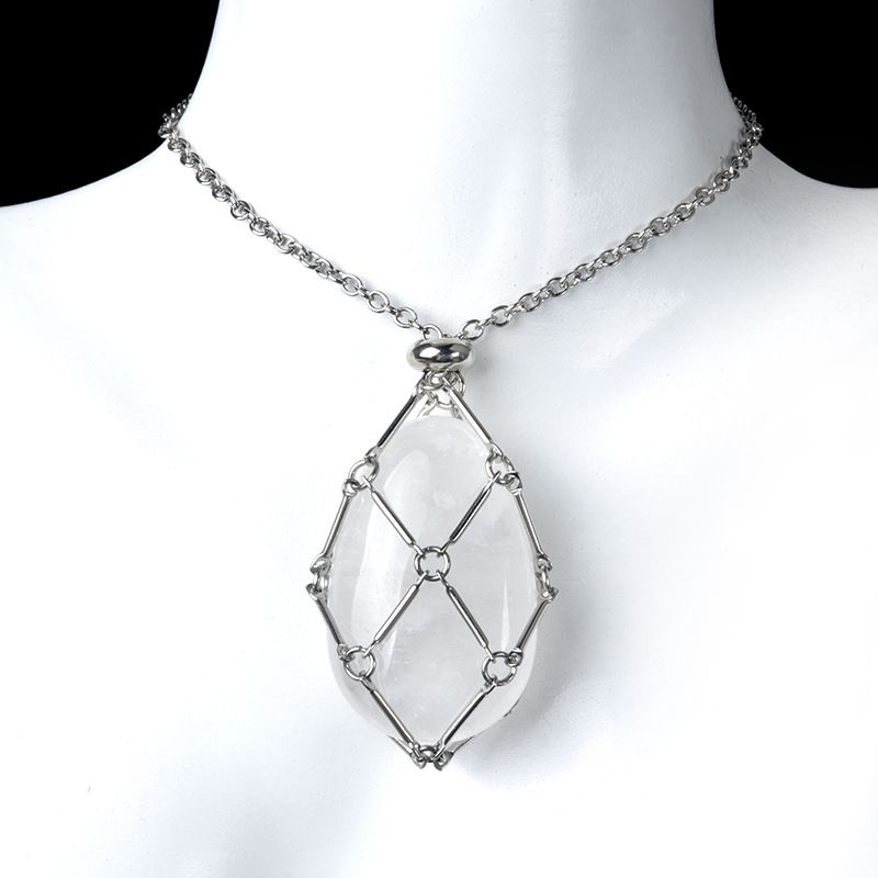 1720-Corrente de mão de aço inoxidável tecido malha colar de bolso de pedra de ágata cristal pingente de gota de água pode ser substituído por pedra bruta